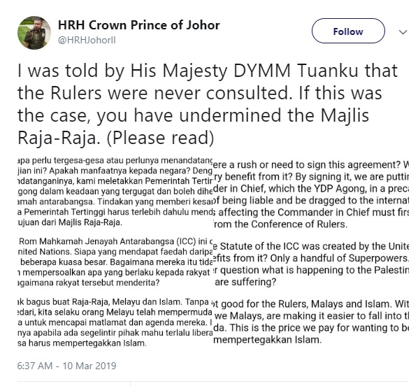 Crown Prince of Johor tweet