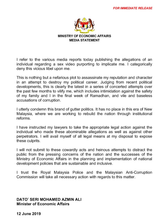 Azmin Ali responses to sex video