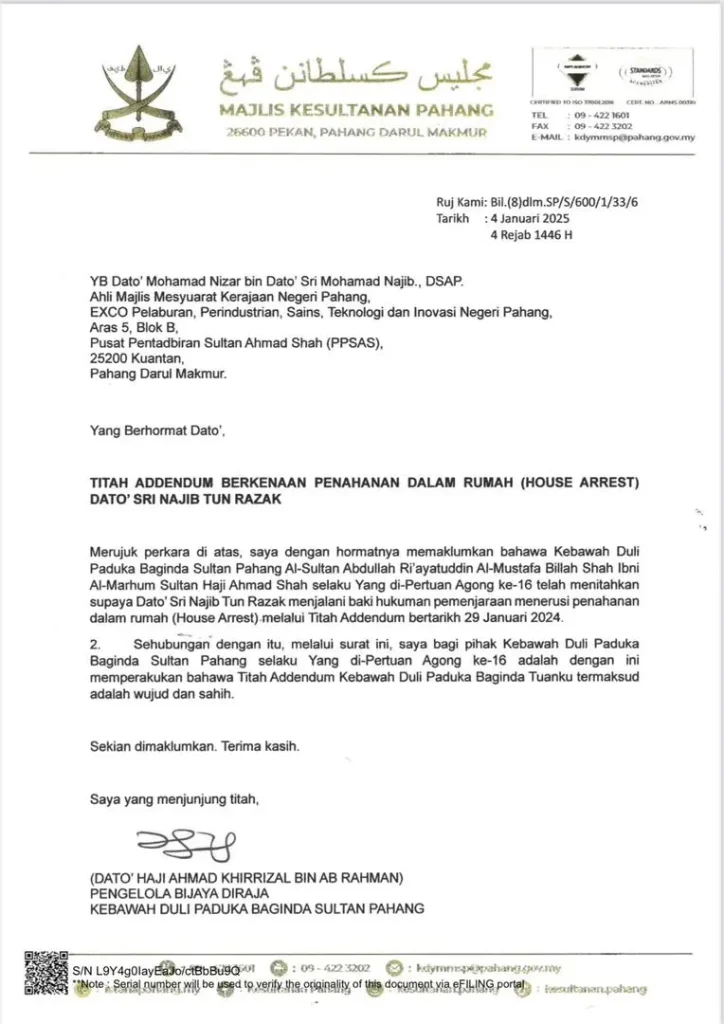 Shafee revealed this letter from the Pahang Palace on the house arrest for Najib at Court of Appeal on Monday