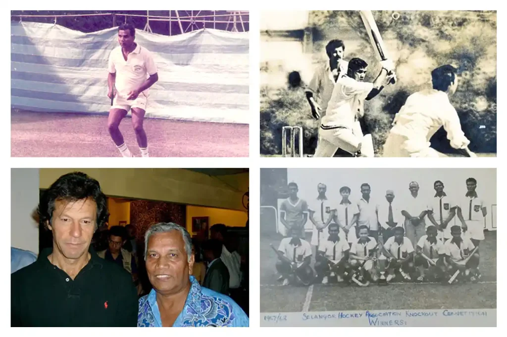 Hector Durairatnam played tennis and hockey, but excelled at cricket, where he met many legends, including Imran Khan (bottom left).
