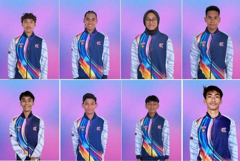 Kelab Olahraga Setiawangsa para athletes (L-R top row): Nadim Hadif Nazmi, Muhammad Iddin Mubin Rozmi, Nurul Ainin Sofea Mohammad Faudziman, Easson Weide Koh. (L-R bottom row): Muhammad Umar, Harriss Haydar Rizalmi, Mizan Muhaimin Azalan and Irfan Daniel Aman Abdullah.
